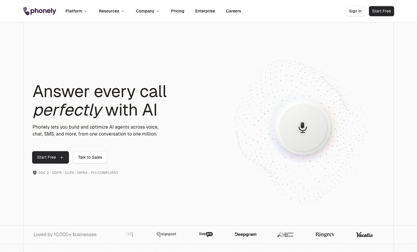 Screenshot of www.phonely.ai captured for this review